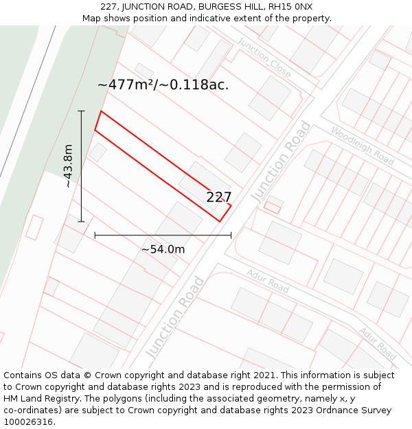 227, JUNCTION ROAD, BURGESS HILL, RH15 0NX: Plot and title map