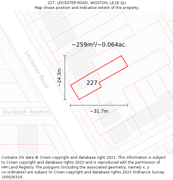 227, LEICESTER ROAD, WIGSTON, LE18 1JU: Plot and title map