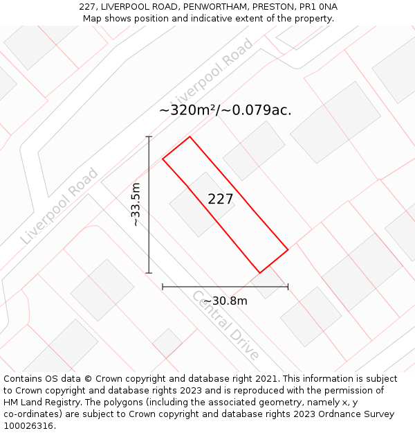 227, LIVERPOOL ROAD, PENWORTHAM, PRESTON, PR1 0NA: Plot and title map