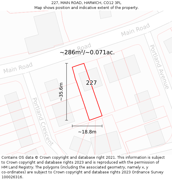 227, MAIN ROAD, HARWICH, CO12 3PL: Plot and title map