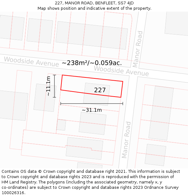 227, MANOR ROAD, BENFLEET, SS7 4JD: Plot and title map