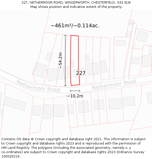 227, NETHERMOOR ROAD, WINGERWORTH, CHESTERFIELD, S42 6LW: Plot and title map