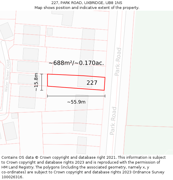 227, PARK ROAD, UXBRIDGE, UB8 1NS: Plot and title map
