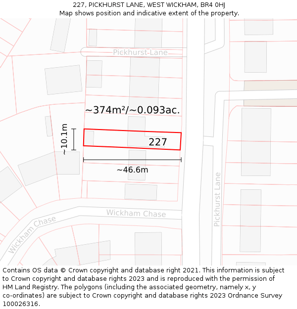 227, PICKHURST LANE, WEST WICKHAM, BR4 0HJ: Plot and title map