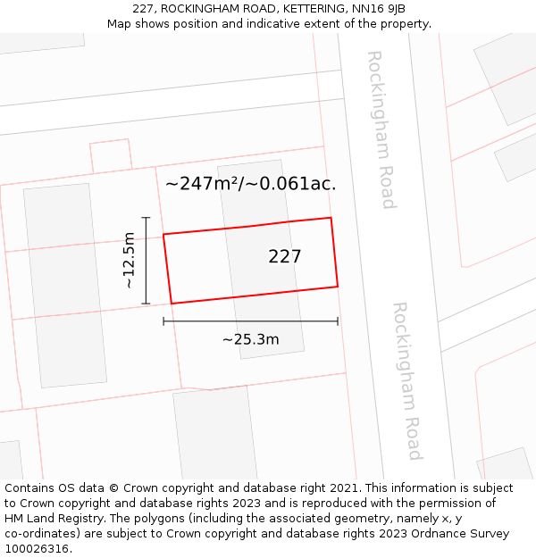 227, ROCKINGHAM ROAD, KETTERING, NN16 9JB: Plot and title map