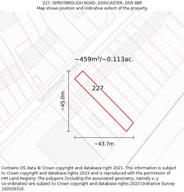 227, SPROTBROUGH ROAD, DONCASTER, DN5 8BP: Plot and title map