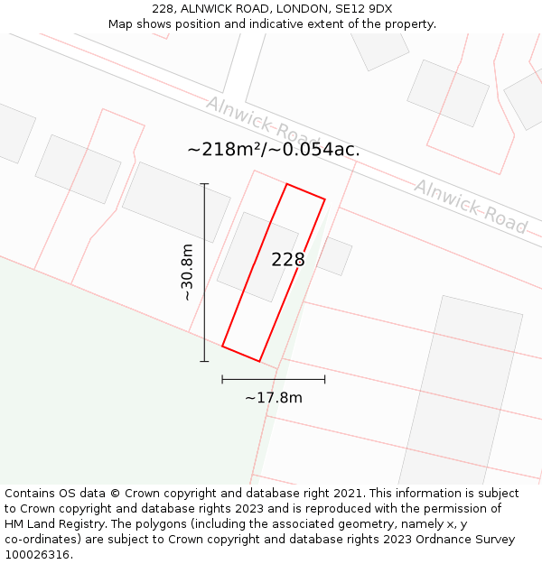 228, ALNWICK ROAD, LONDON, SE12 9DX: Plot and title map