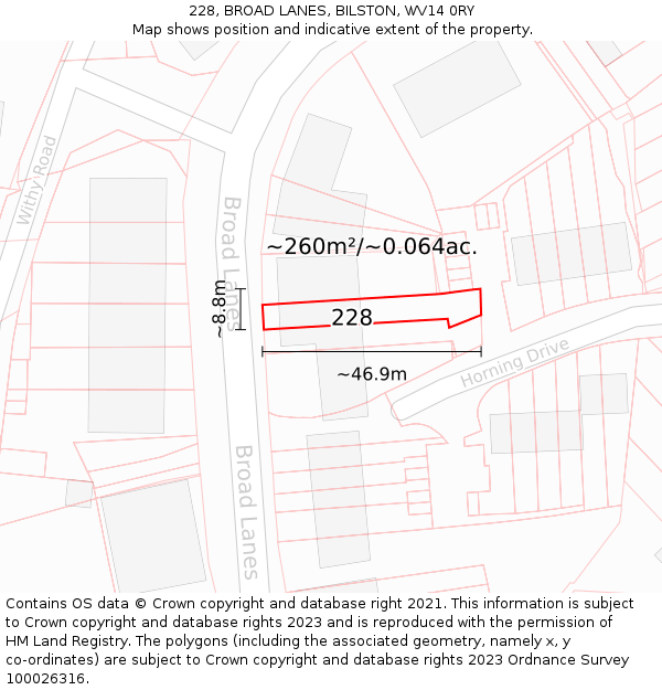 228, BROAD LANES, BILSTON, WV14 0RY: Plot and title map