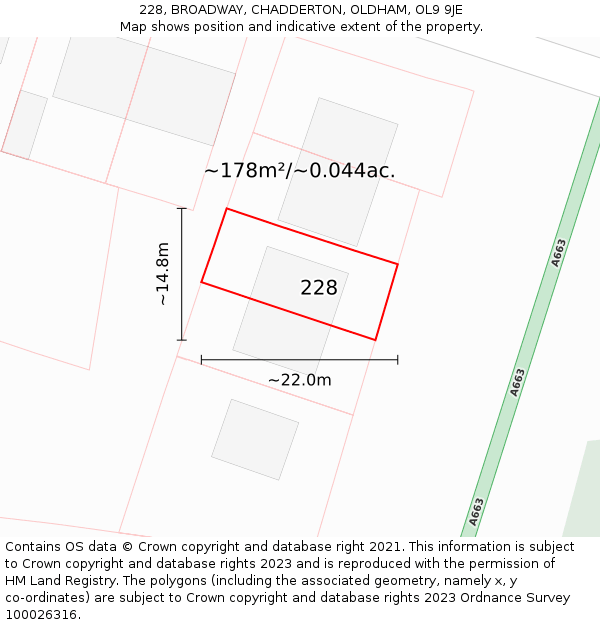 228, BROADWAY, CHADDERTON, OLDHAM, OL9 9JE: Plot and title map