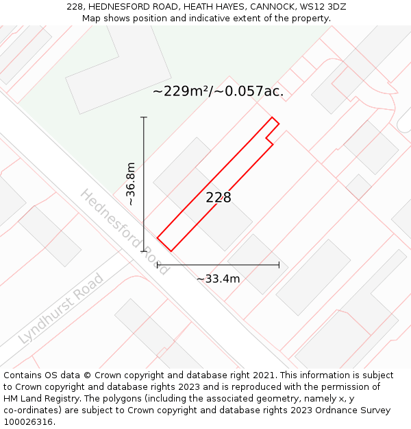 228, HEDNESFORD ROAD, HEATH HAYES, CANNOCK, WS12 3DZ: Plot and title map