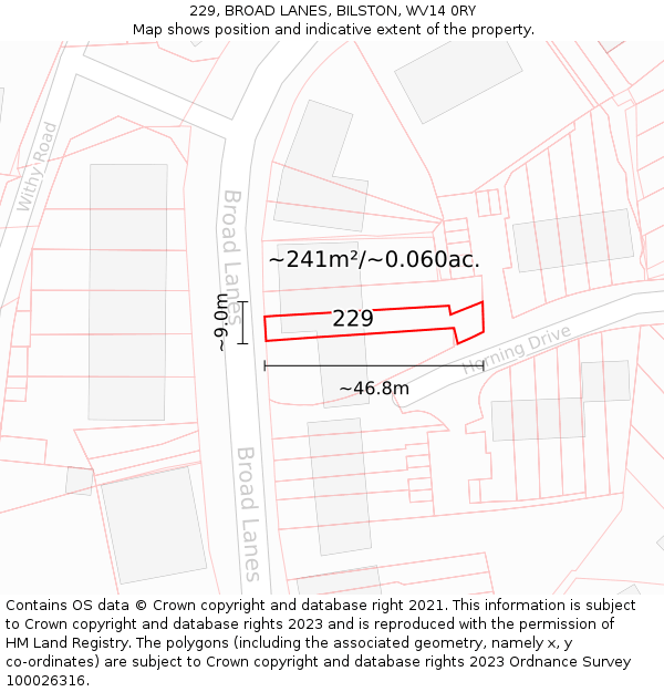 229, BROAD LANES, BILSTON, WV14 0RY: Plot and title map