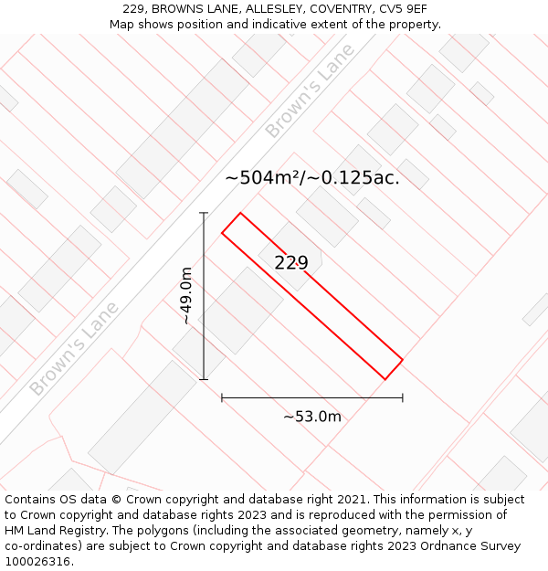 229, BROWNS LANE, ALLESLEY, COVENTRY, CV5 9EF: Plot and title map