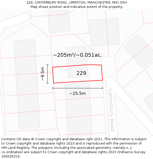 229, CANTERBURY ROAD, URMSTON, MANCHESTER, M41 0SH: Plot and title map