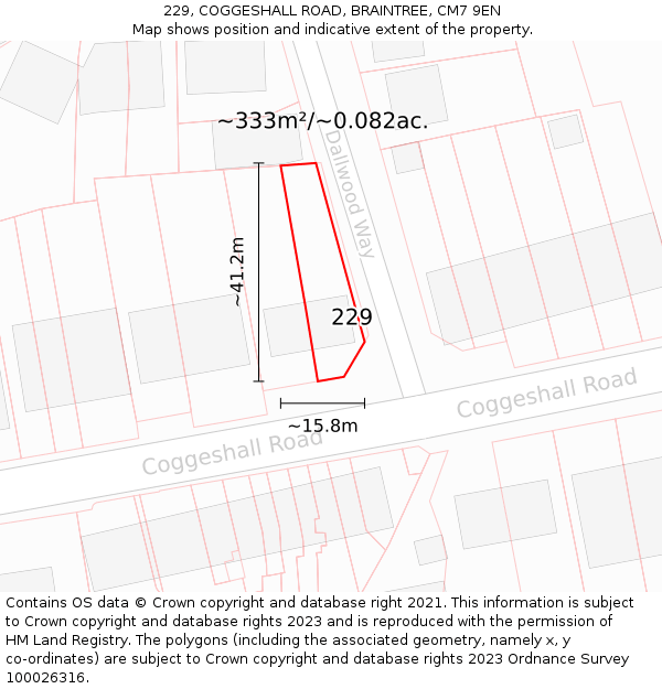 229, COGGESHALL ROAD, BRAINTREE, CM7 9EN: Plot and title map