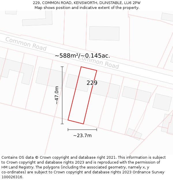 229, COMMON ROAD, KENSWORTH, DUNSTABLE, LU6 2PW: Plot and title map
