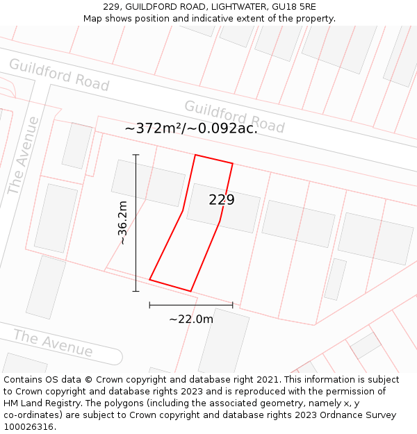 229, GUILDFORD ROAD, LIGHTWATER, GU18 5RE: Plot and title map