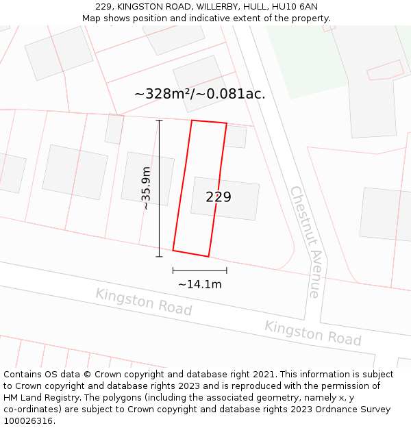 229, KINGSTON ROAD, WILLERBY, HULL, HU10 6AN: Plot and title map