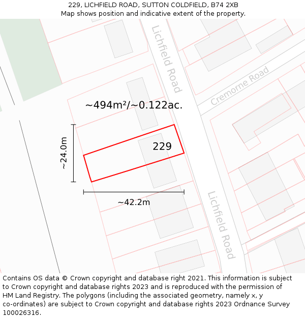 229, LICHFIELD ROAD, SUTTON COLDFIELD, B74 2XB: Plot and title map