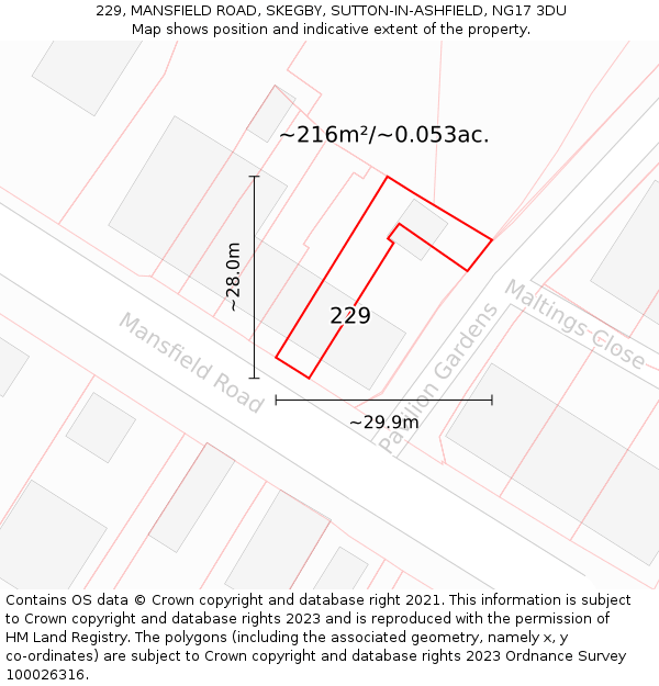 229, MANSFIELD ROAD, SKEGBY, SUTTON-IN-ASHFIELD, NG17 3DU: Plot and title map