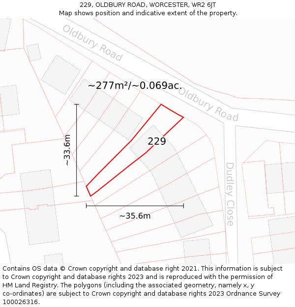 229, OLDBURY ROAD, WORCESTER, WR2 6JT: Plot and title map