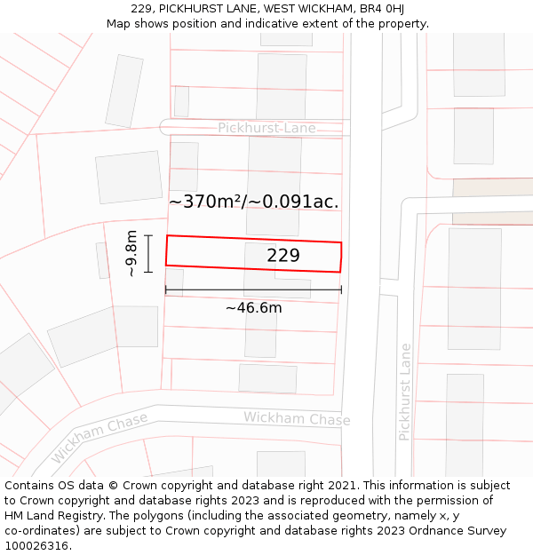229, PICKHURST LANE, WEST WICKHAM, BR4 0HJ: Plot and title map