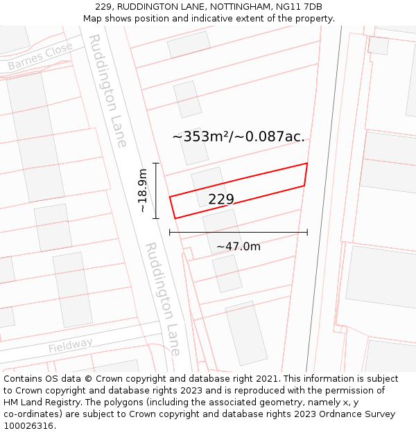 229, RUDDINGTON LANE, NOTTINGHAM, NG11 7DB: Plot and title map