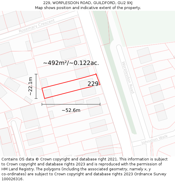 229, WORPLESDON ROAD, GUILDFORD, GU2 9XJ: Plot and title map