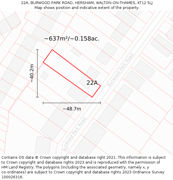 22A, BURWOOD PARK ROAD, HERSHAM, WALTON-ON-THAMES, KT12 5LJ: Plot and title map