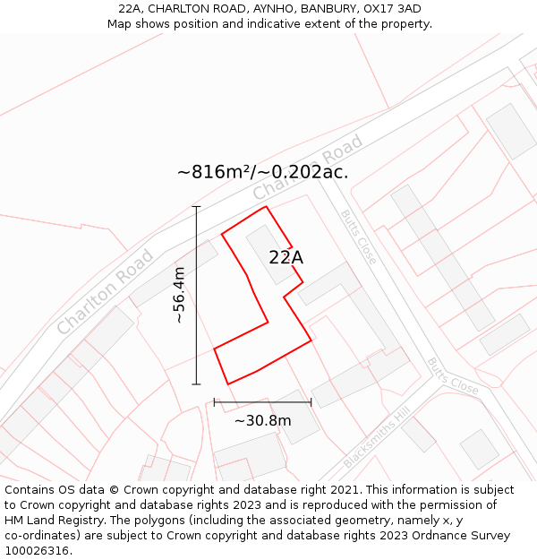 22A, CHARLTON ROAD, AYNHO, BANBURY, OX17 3AD: Plot and title map