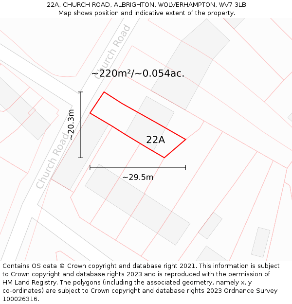 22A, CHURCH ROAD, ALBRIGHTON, WOLVERHAMPTON, WV7 3LB: Plot and title map