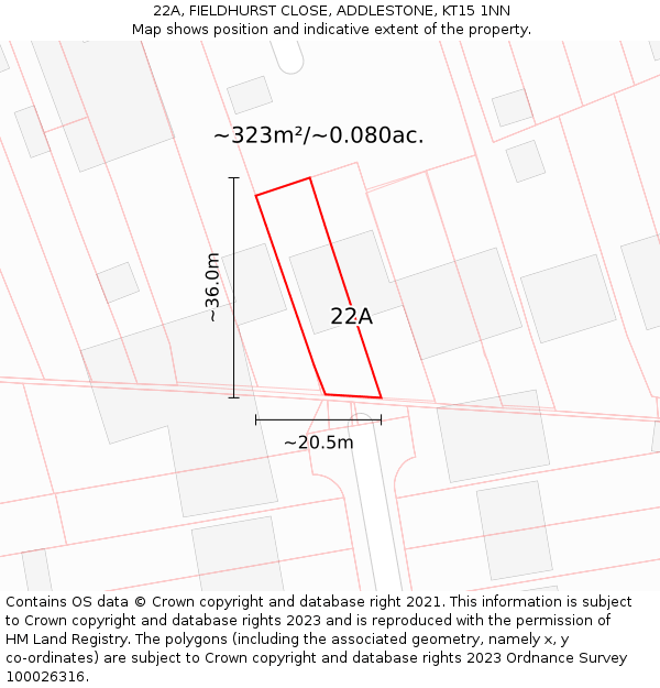 22A, FIELDHURST CLOSE, ADDLESTONE, KT15 1NN: Plot and title map