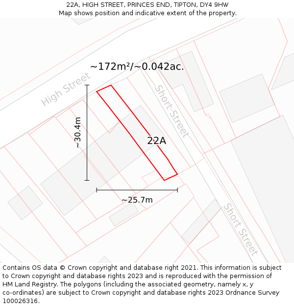 22A, HIGH STREET, PRINCES END, TIPTON, DY4 9HW: Plot and title map