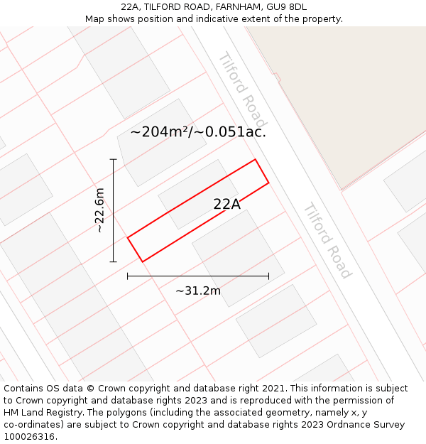 22A, TILFORD ROAD, FARNHAM, GU9 8DL: Plot and title map