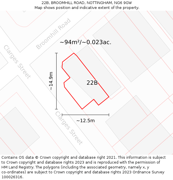 22B, BROOMHILL ROAD, NOTTINGHAM, NG6 9GW: Plot and title map