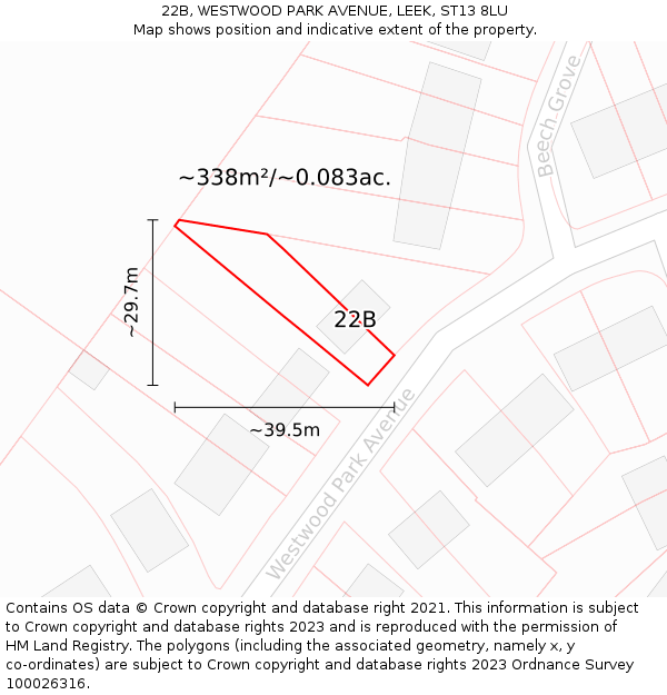 22B, WESTWOOD PARK AVENUE, LEEK, ST13 8LU: Plot and title map