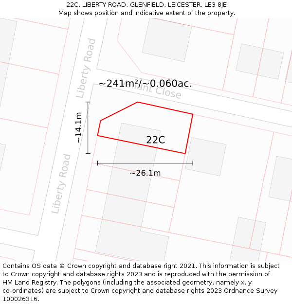 22C, LIBERTY ROAD, GLENFIELD, LEICESTER, LE3 8JE: Plot and title map