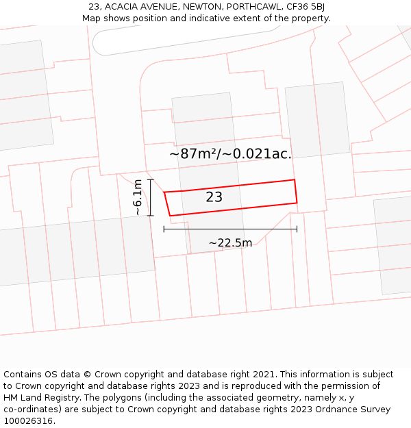 23, ACACIA AVENUE, NEWTON, PORTHCAWL, CF36 5BJ: Plot and title map