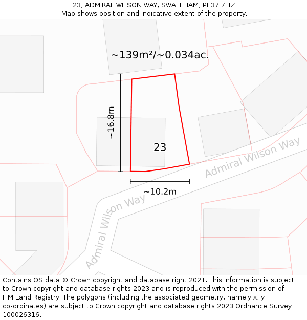 23, ADMIRAL WILSON WAY, SWAFFHAM, PE37 7HZ: Plot and title map