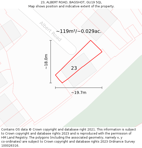 23, ALBERT ROAD, BAGSHOT, GU19 5QL: Plot and title map