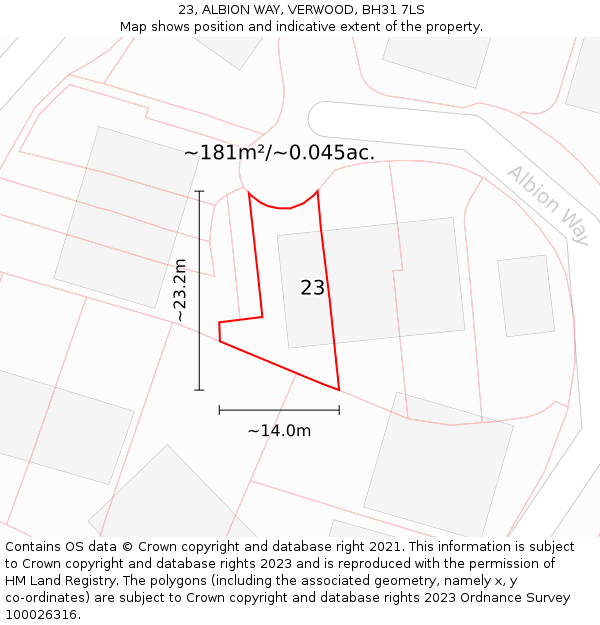 23, ALBION WAY, VERWOOD, BH31 7LS: Plot and title map