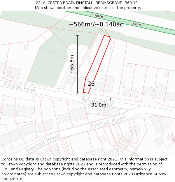 23, ALCESTER ROAD, FINSTALL, BROMSGROVE, B60 1EL: Plot and title map