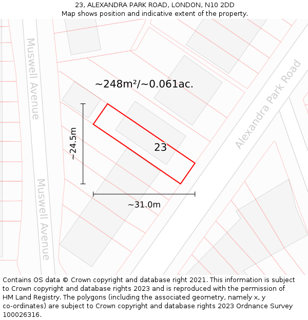 23, ALEXANDRA PARK ROAD, LONDON, N10 2DD: Plot and title map