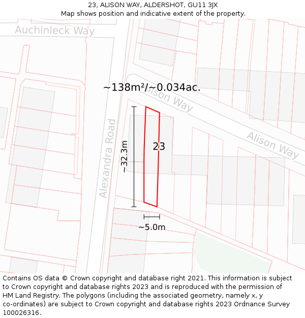 23, ALISON WAY, ALDERSHOT, GU11 3JX: Plot and title map