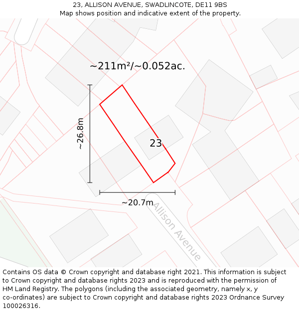 23, ALLISON AVENUE, SWADLINCOTE, DE11 9BS: Plot and title map