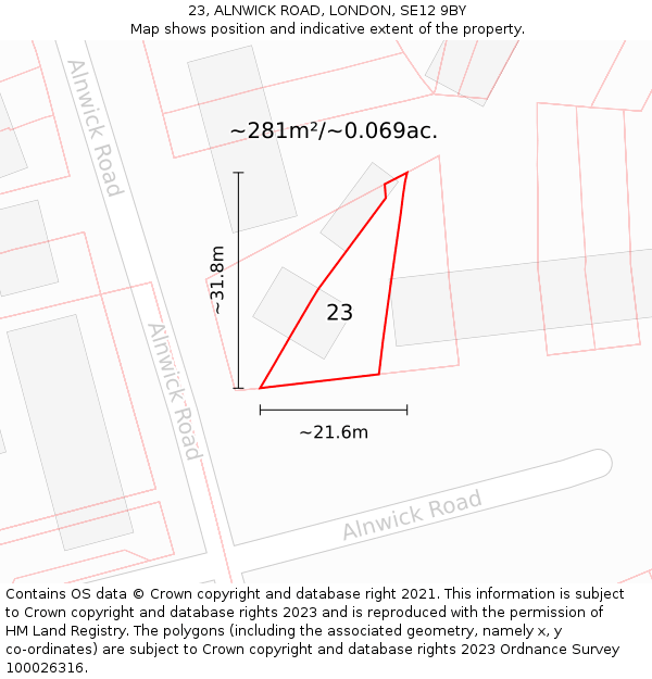 23, ALNWICK ROAD, LONDON, SE12 9BY: Plot and title map