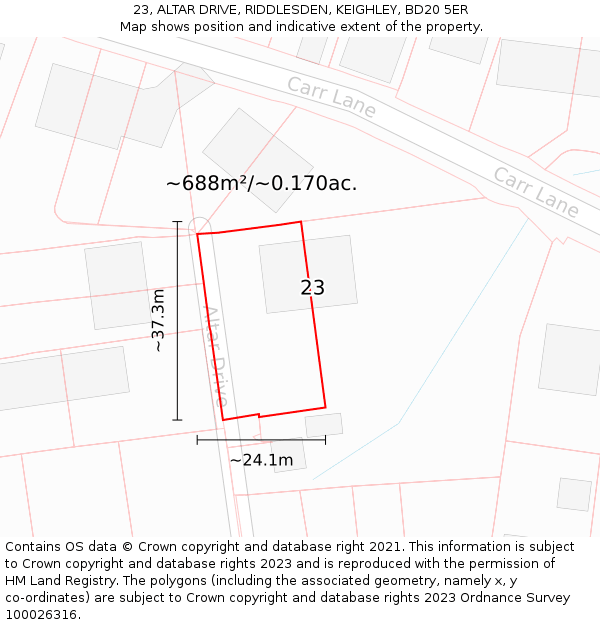 23, ALTAR DRIVE, RIDDLESDEN, KEIGHLEY, BD20 5ER: Plot and title map