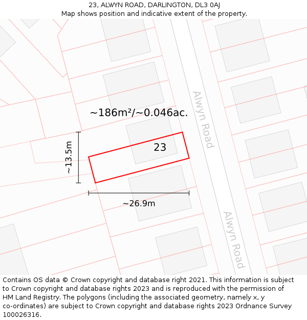 23, ALWYN ROAD, DARLINGTON, DL3 0AJ: Plot and title map