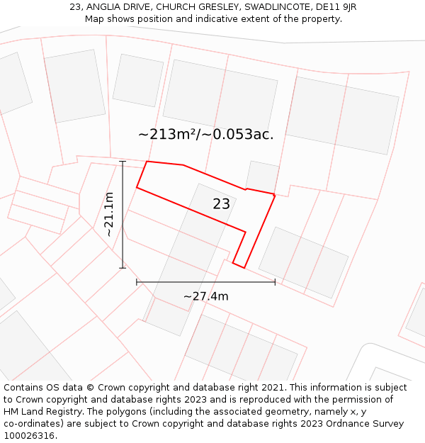 23, ANGLIA DRIVE, CHURCH GRESLEY, SWADLINCOTE, DE11 9JR: Plot and title map