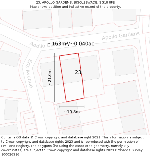 23, APOLLO GARDENS, BIGGLESWADE, SG18 8FE: Plot and title map