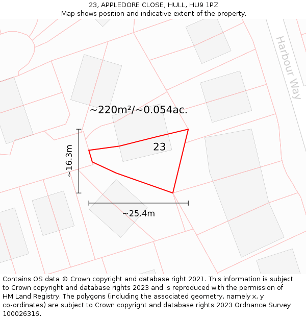 23, APPLEDORE CLOSE, HULL, HU9 1PZ: Plot and title map